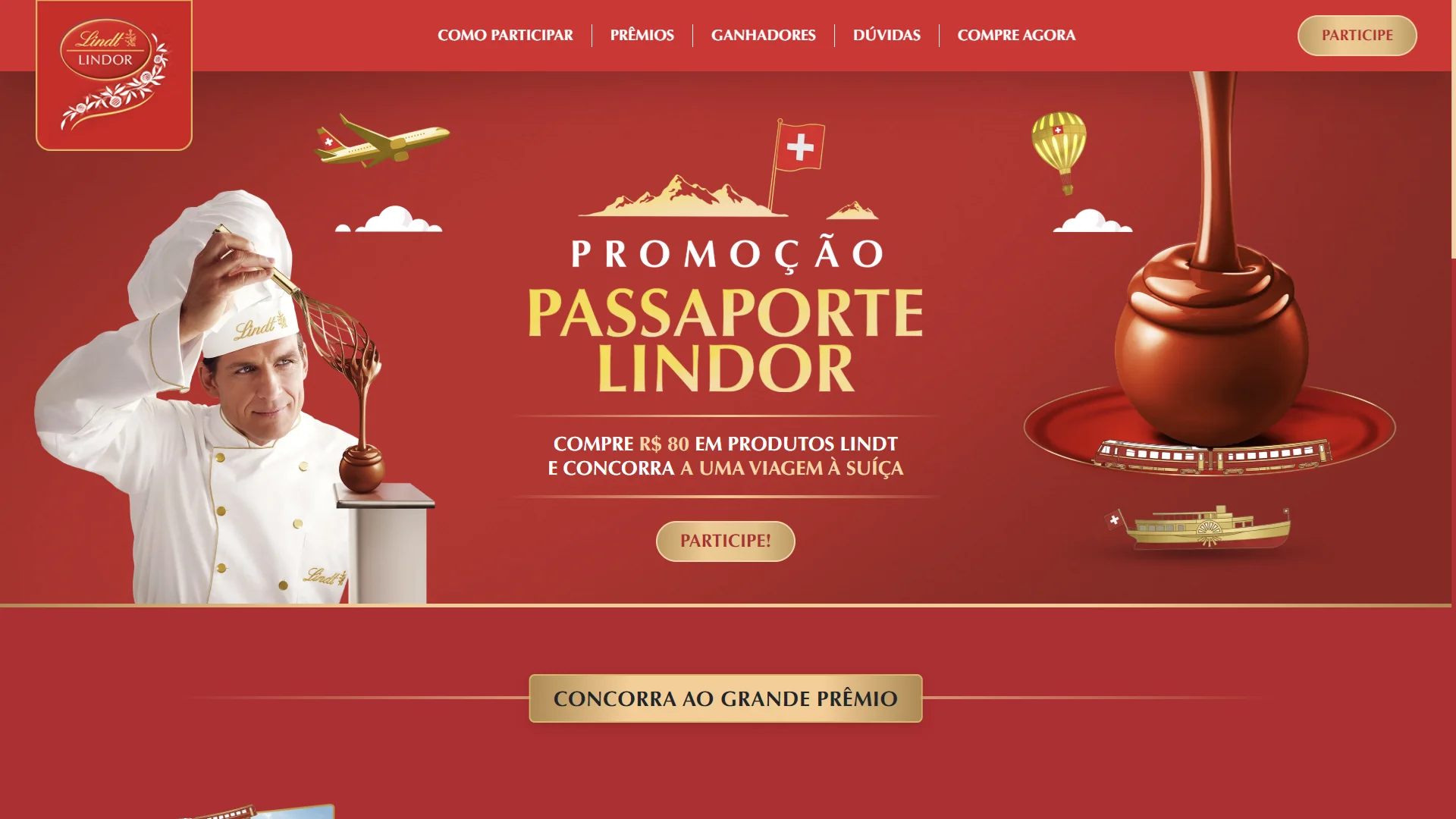 Página oficial da promoção Passaporte Lindor da Lindt com destaque para viagem à Suíça e chocolates da marca.