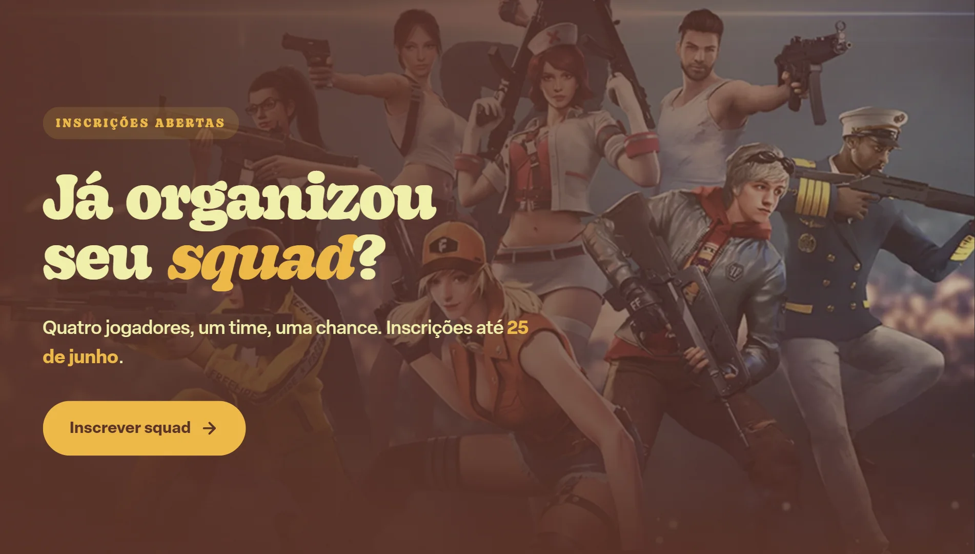Página de inscrição do Bauducco Challenge mostra personagens de Free Fire e convite para formar squad e participar do campeonato.
