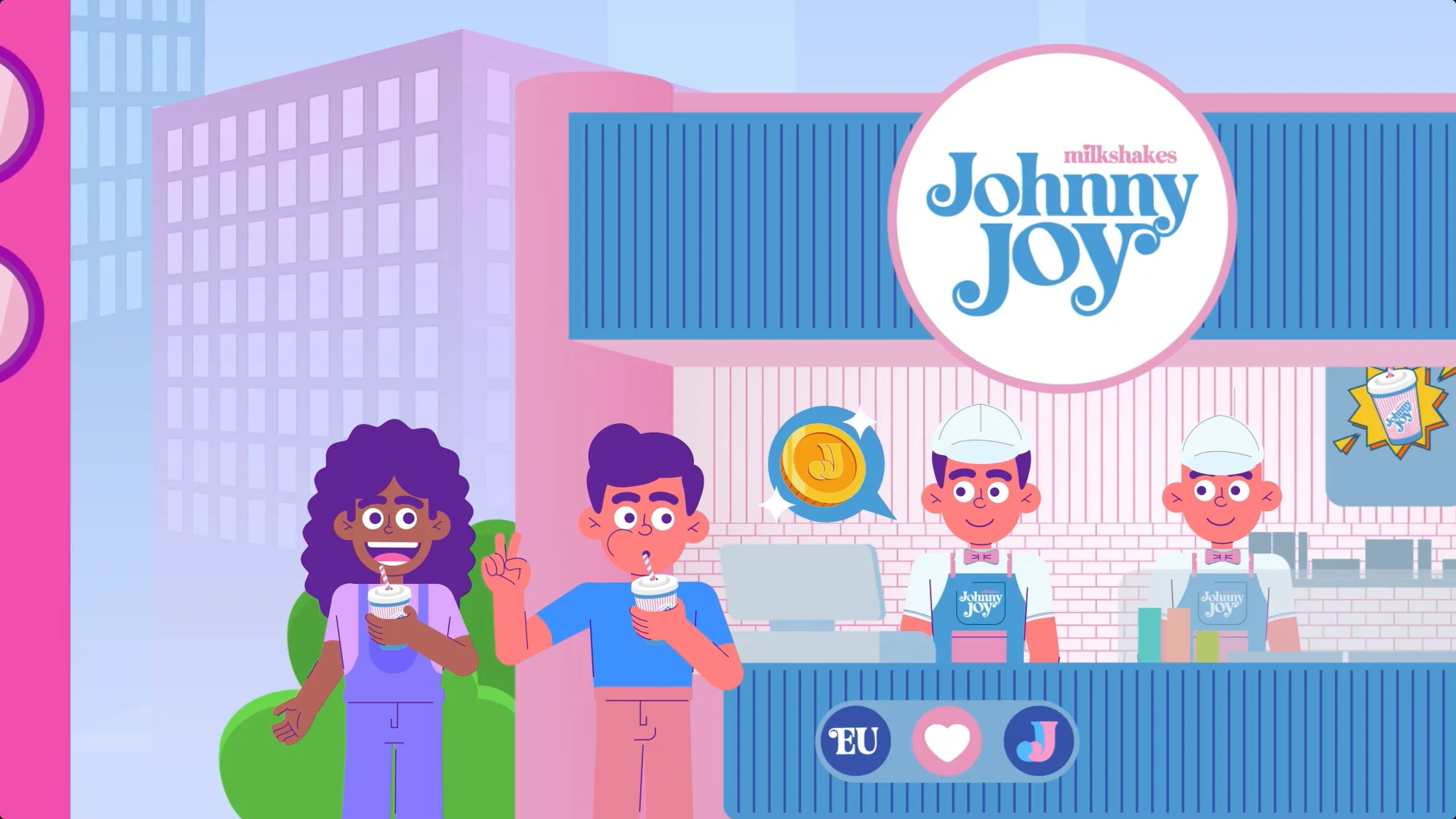 Ilustração de clientes tomando milkshake em frente à loja da Johnny Joy.