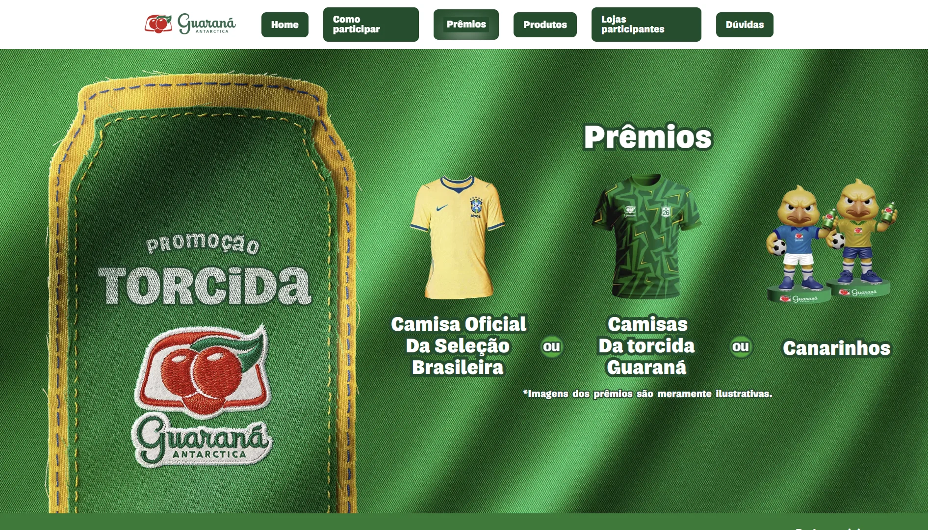 Captura de tela do site da promoção "Torcida Guaraná" mostrando o menu de navegação superior e a lista de prêmios: Camisa Oficial da Seleção Brasileira, Camisas da torcida Guaraná ou Canarinhos colecionáveis, sobre um fundo de tecido verde.