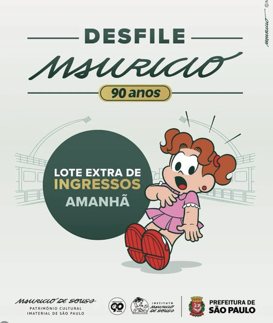 Arte do Desfile Mauricio 90 anuncia lote extra de ingressos gratuitos para o evento.