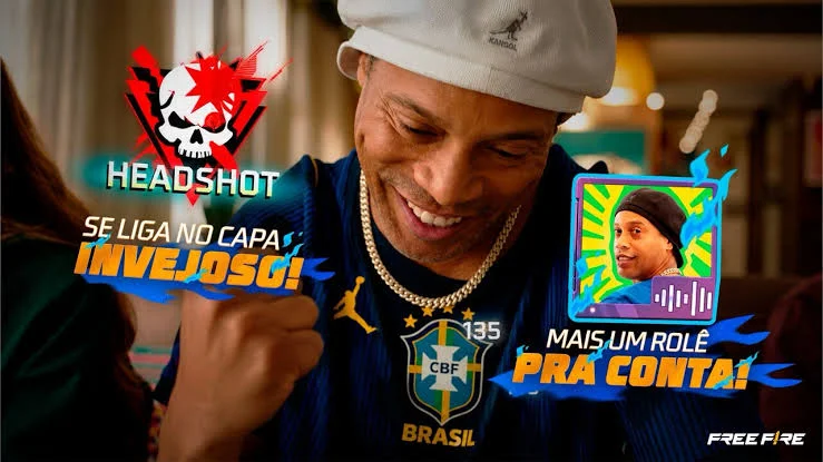 onaldinho Gaúcho sorri durante campanha do Free Fire com frases inspiradas em memes e pacote de voz do jogo.