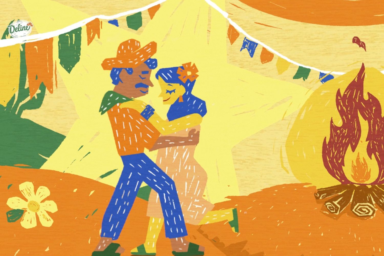 Ilustração junina da Deline mostra casal dançando perto de fogueira e bandeirinhas.