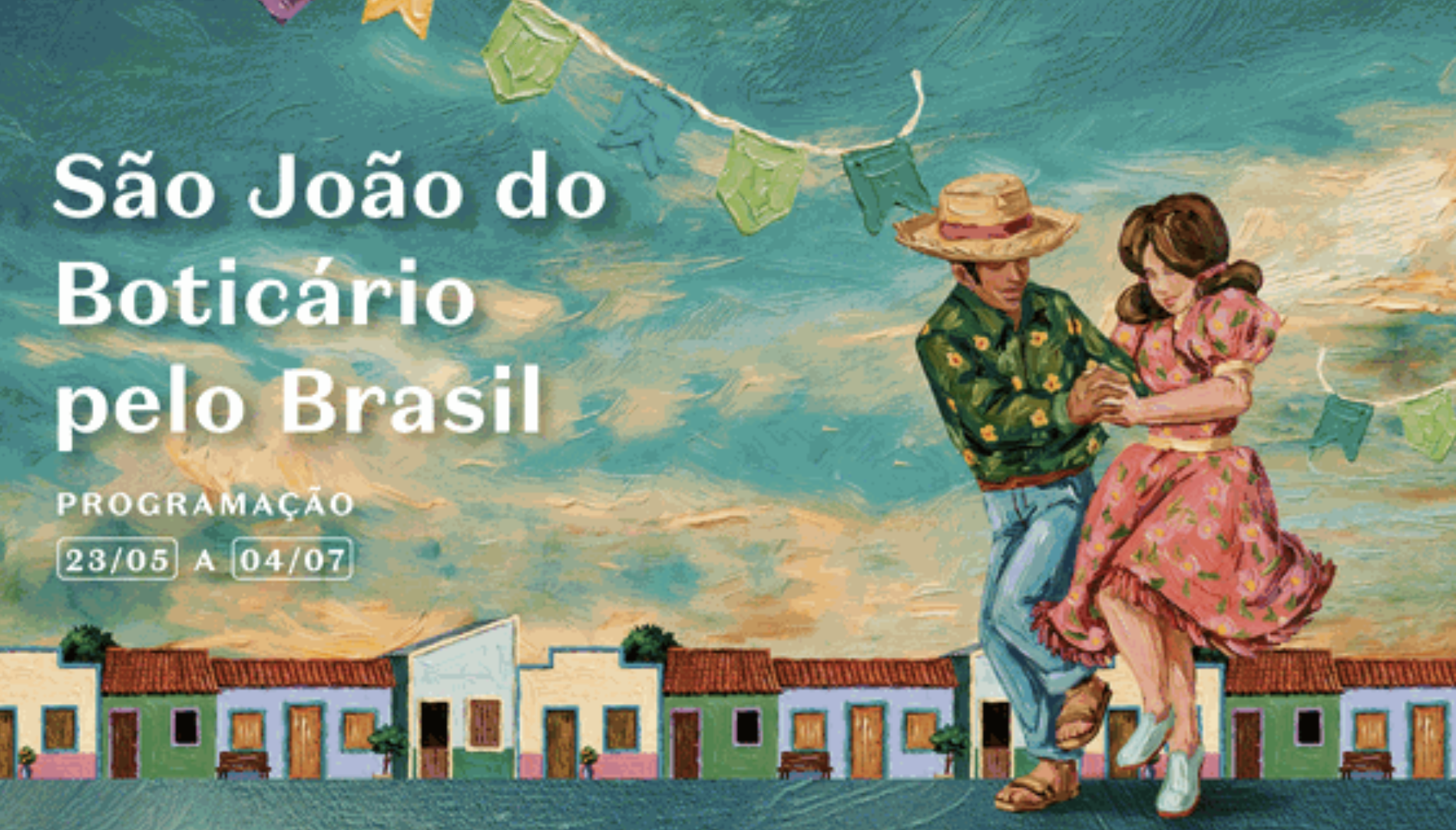 Ilustração de casal dançando quadrilha em cenário junino com bandeirinhas e casas coloridas ao fundo.