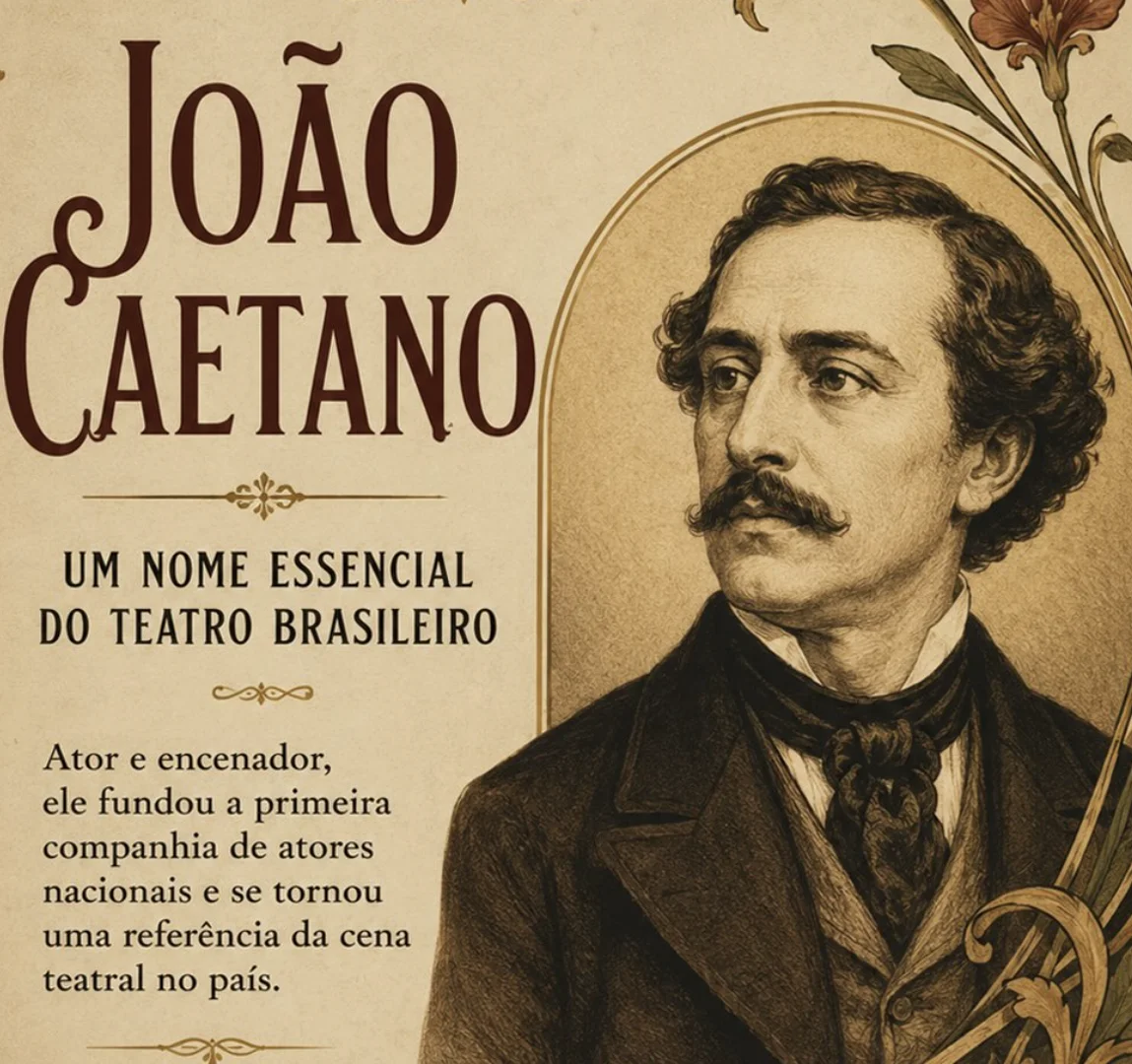 Retrato ilustrado de João Caetano com texto sobre sua importância para o teatro brasileiro.