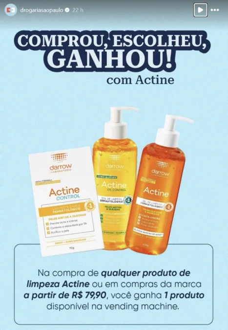 Story da Drogaria São Paulo mostra promoção da Actine com produtos grátis em vending machine.