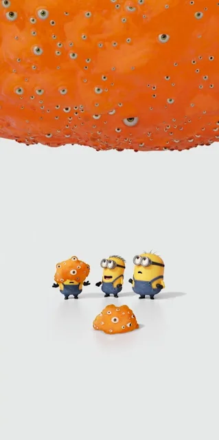 Três Minions observam uma criatura gigante laranja cheia de olhos em cenário minimalista cinza.