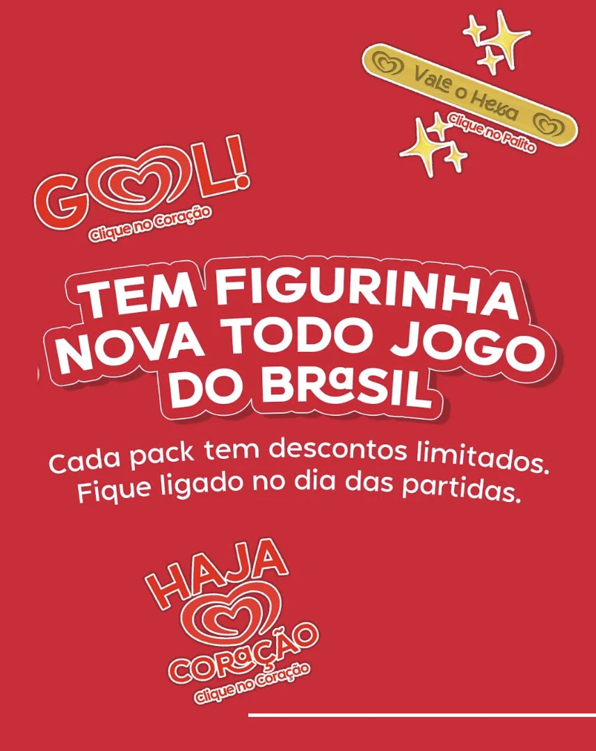 Imagem promocional da Kibon informa que novas figurinhas com descontos serão liberadas a cada jogo do Brasil.