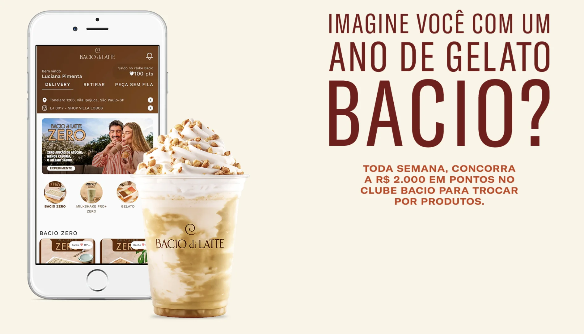 Campanha da Bacio di Latte mostra aplicativo da marca e gelato promocional.