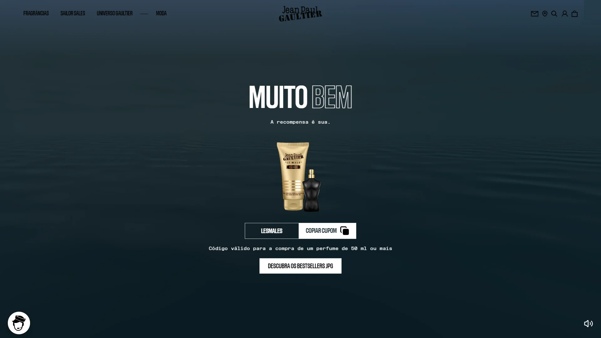 Tela da campanha Jean Paul Gaultier exibindo cupom e brinde Le Male Elixir Shower Gel.
