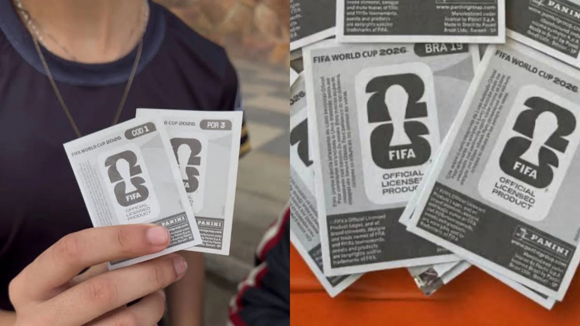 Versos de figurinhas da Copa do Mundo espalhados sobre superfície laranja em close.