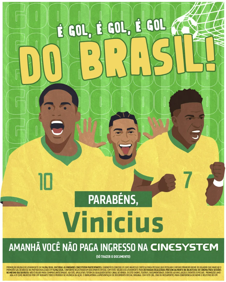 Arte promocional da CineSystem anuncia ingresso grátis para pessoas chamadas Vinicius após gol da Seleção Brasileira.