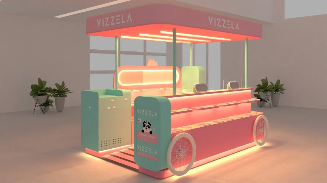 Renderização 3D do quiosque da Vizzela com iluminação em tons rosa e verde.