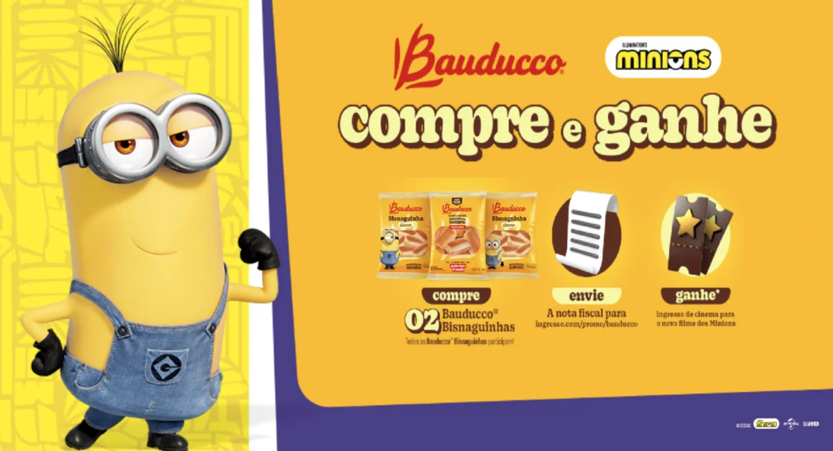 Minion aparece ao lado de anúncio da Bauducco divulgando promoção de bisnaguinhas com ingressos de cinema.