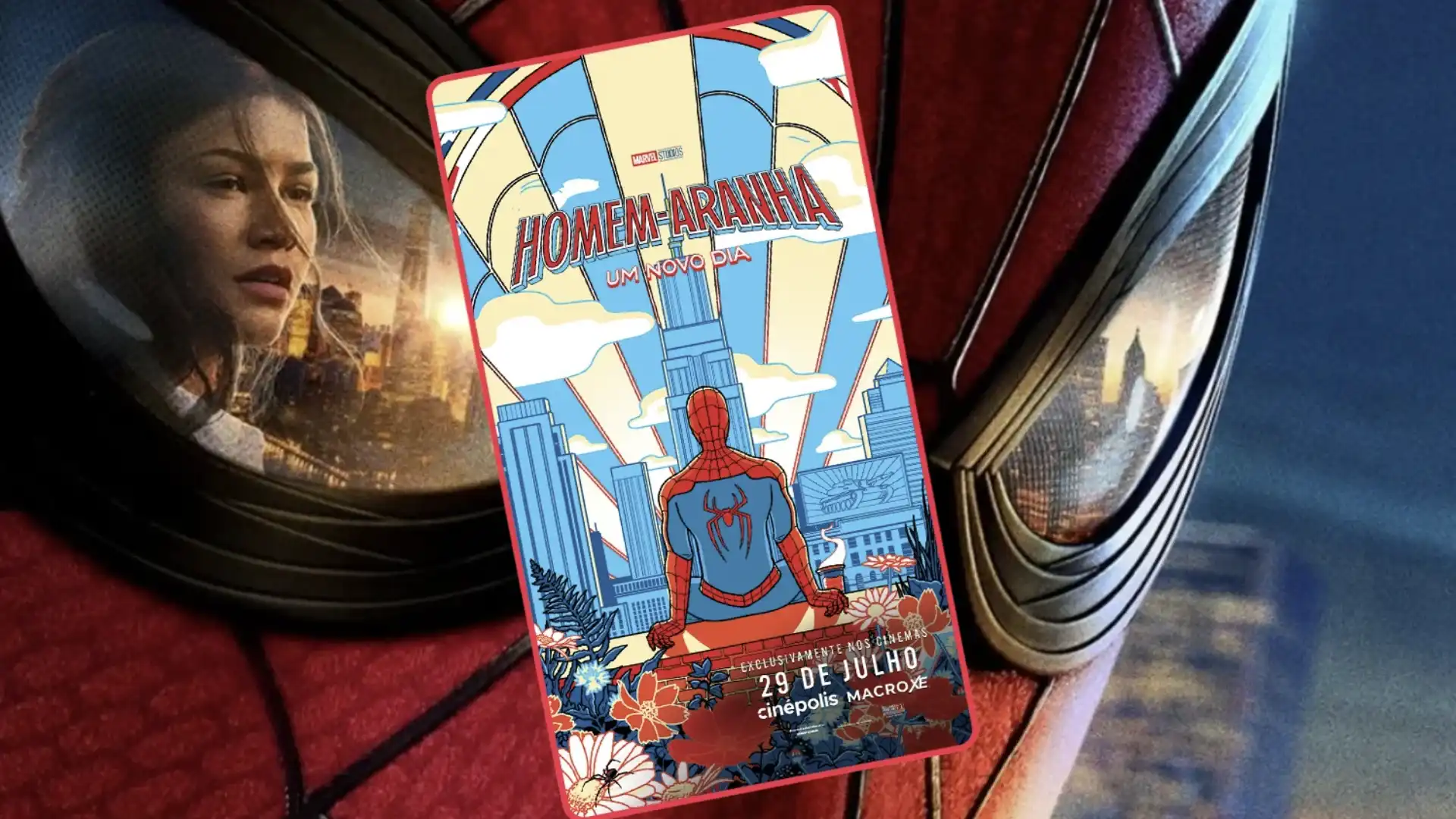 Card colecionável de Homem-Aranha: Um Novo Dia oferecido pela Cinépolis com arte inspirada no herói diante da cidade.
