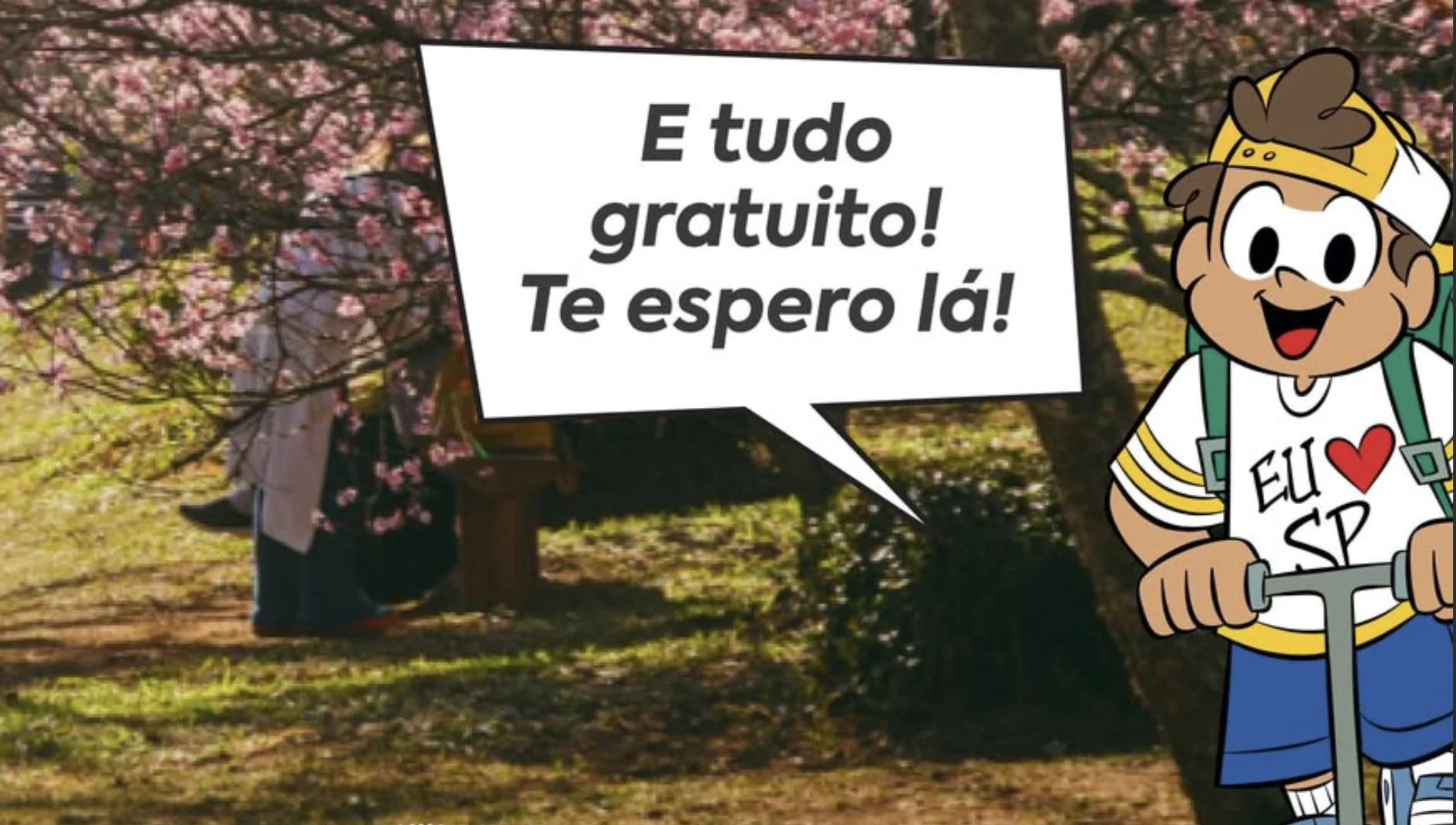 Personagem Paulistinha ao lado de balão destacando que a Festa das Cerejeiras tem entrada gratuita, com cerejeiras ao fundo.
