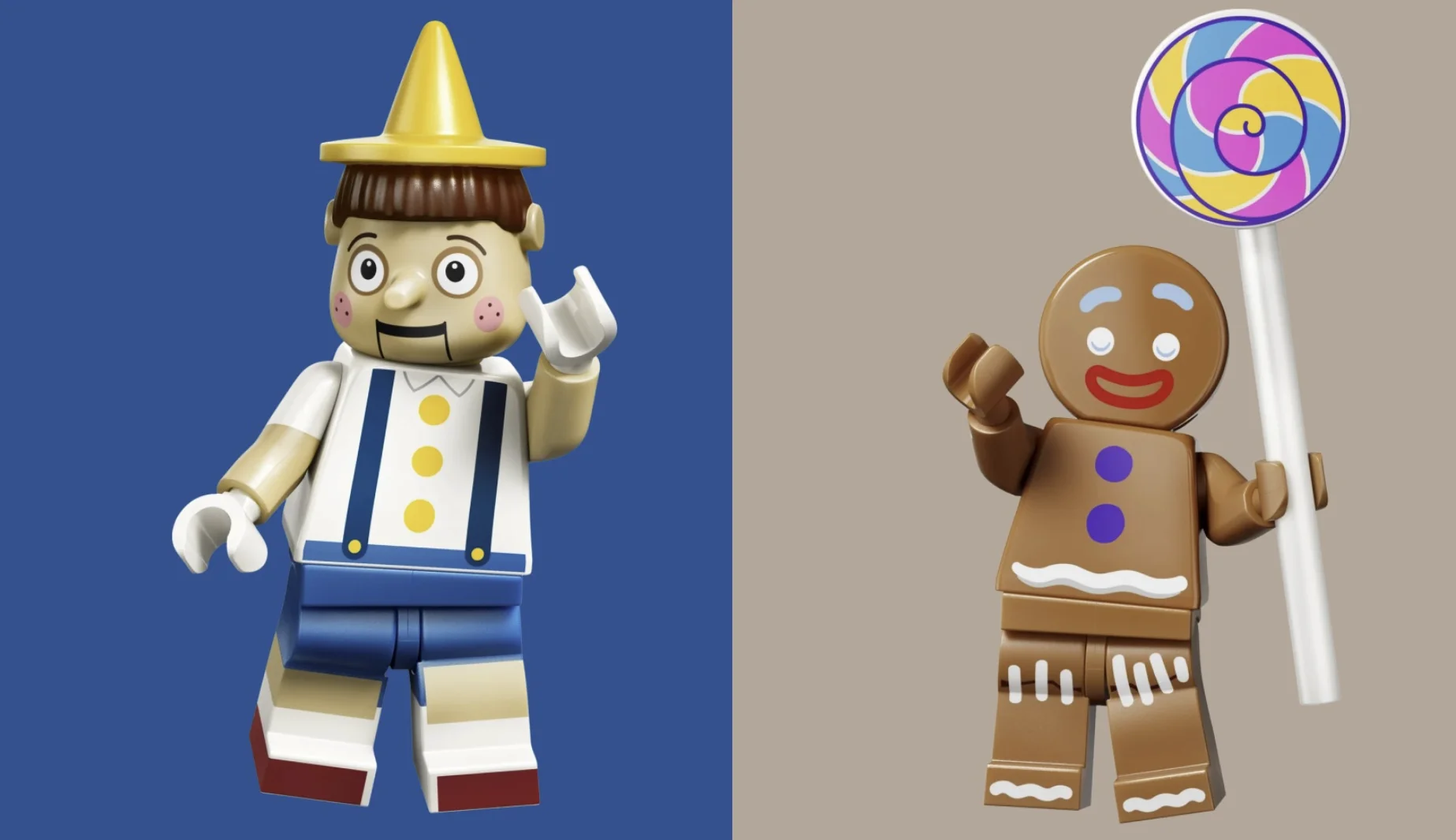 Minifiguras LEGO do Pinóquio e do Biscoito de Gengibre inspiradas nos personagens de Shrek.