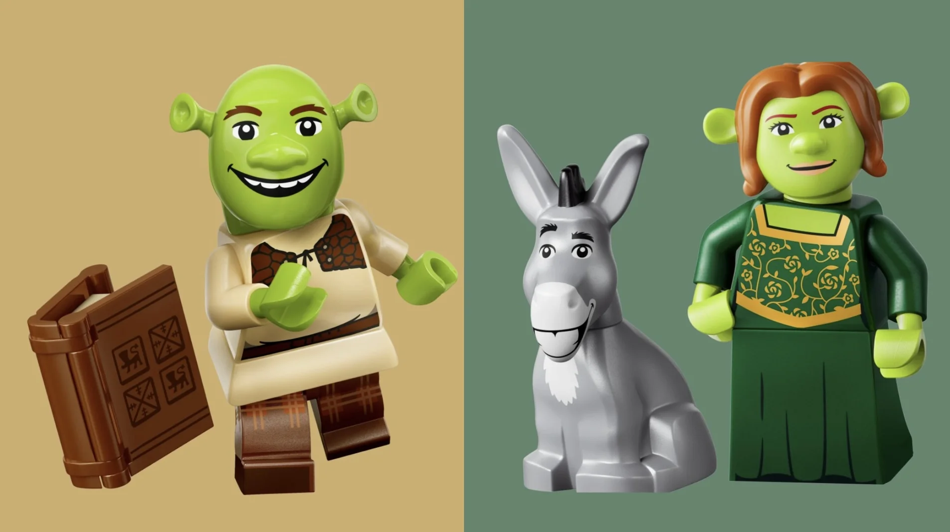 Minifiguras LEGO de Shrek, Fiona e Burro com acessórios inspirados no filme.