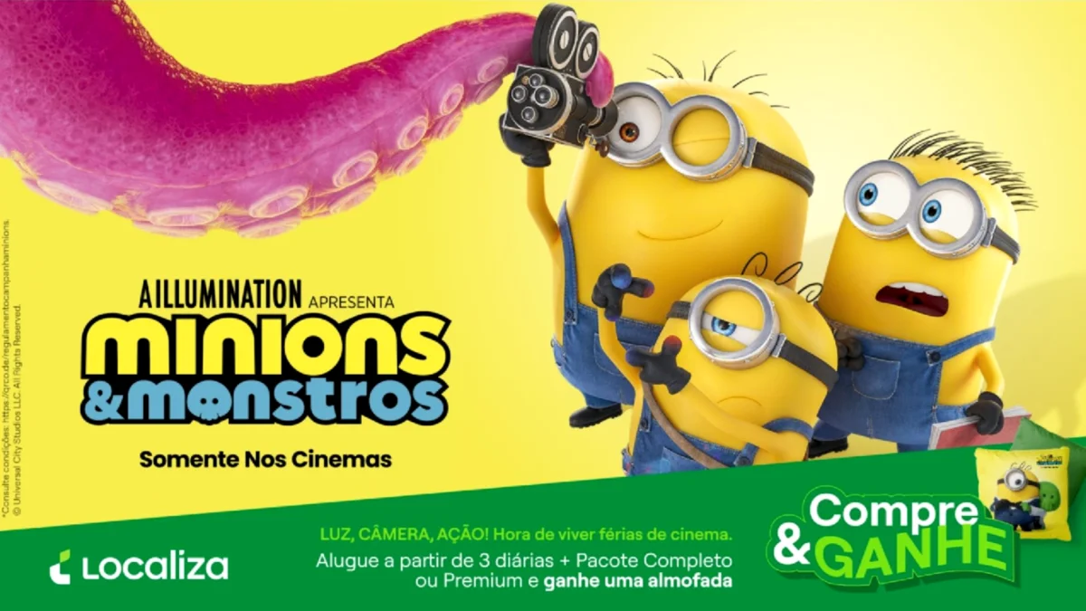 Banner promocional da Localiza com personagens de Minions & Monstros e divulgação de almofada exclusiva.