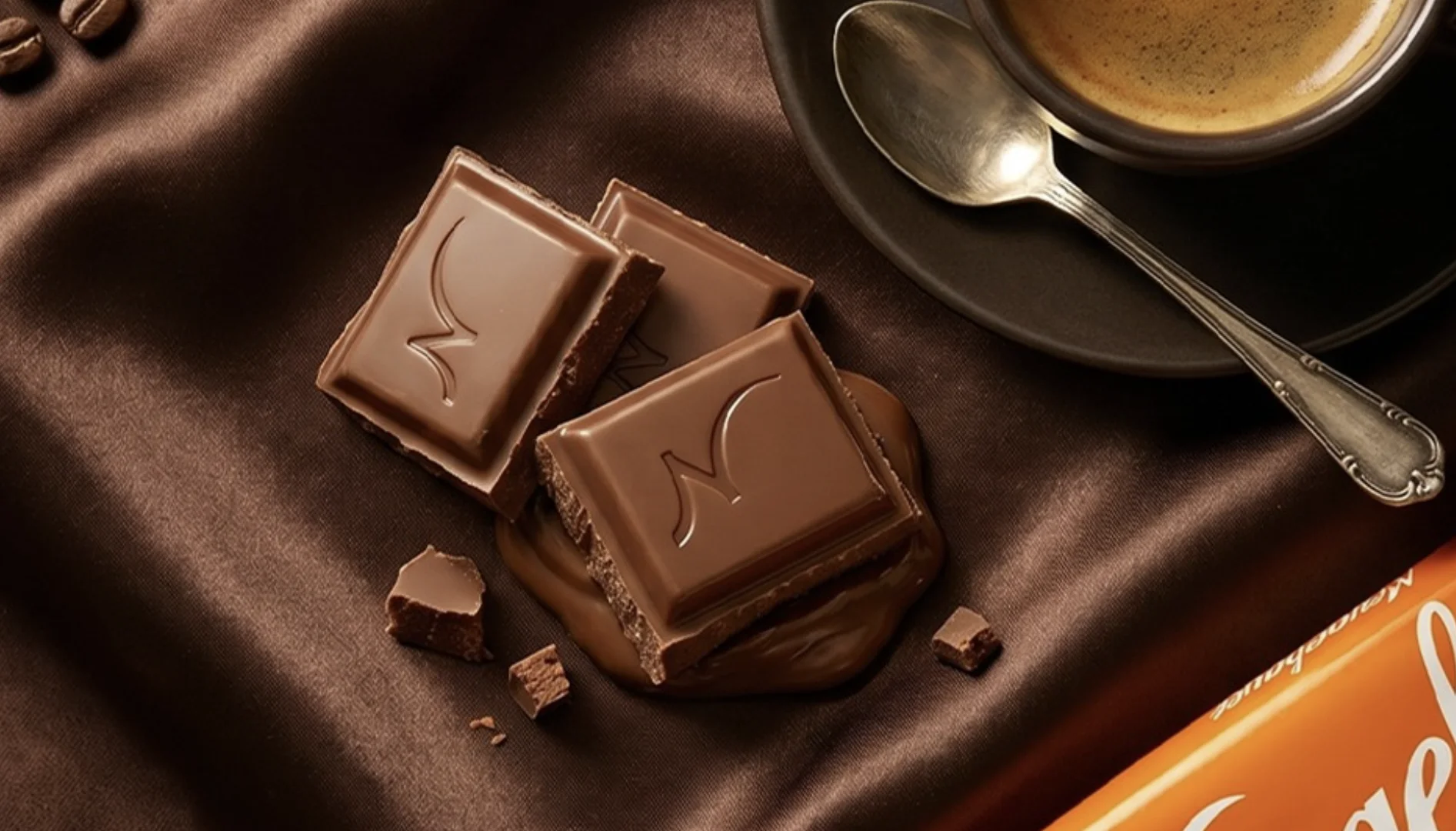 Tabletes de chocolate da Neugebauer sobre tecido marrom ao lado de uma xícara de café e colher metálica.