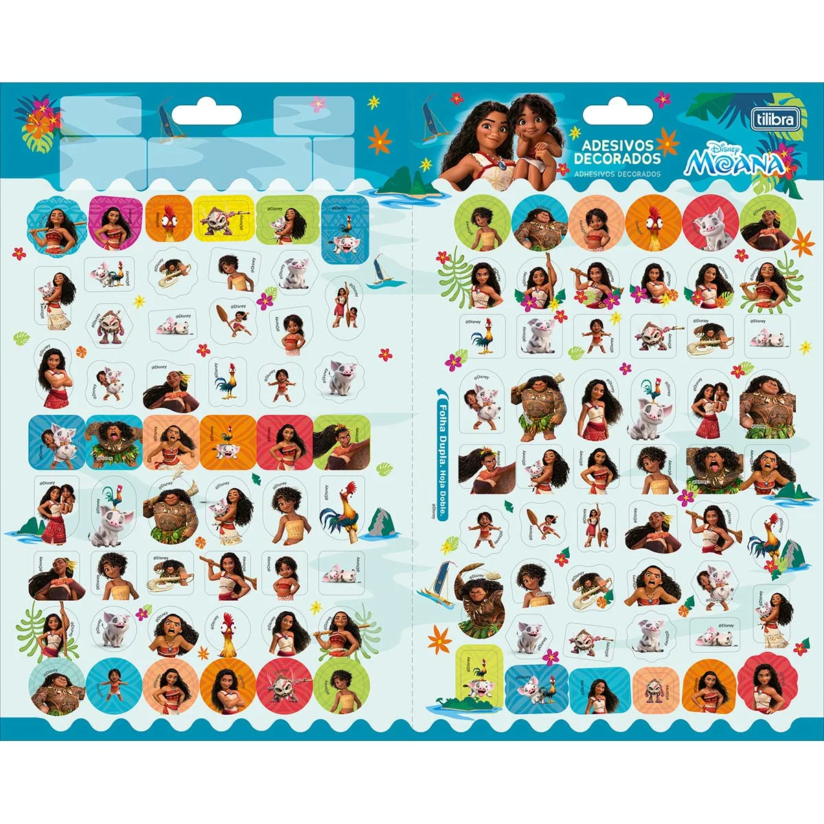 Folha de adesivos decorativos da coleção Moana da Tilibra com personagens do filme Disney.