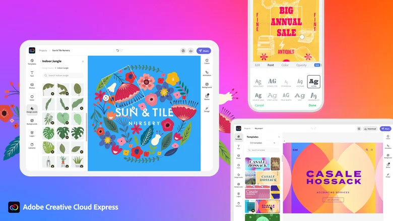 Interface do Adobe Express exibindo ferramentas de edição gráfica em tablet e celular, com modelos de design e recursos para criação de artes.