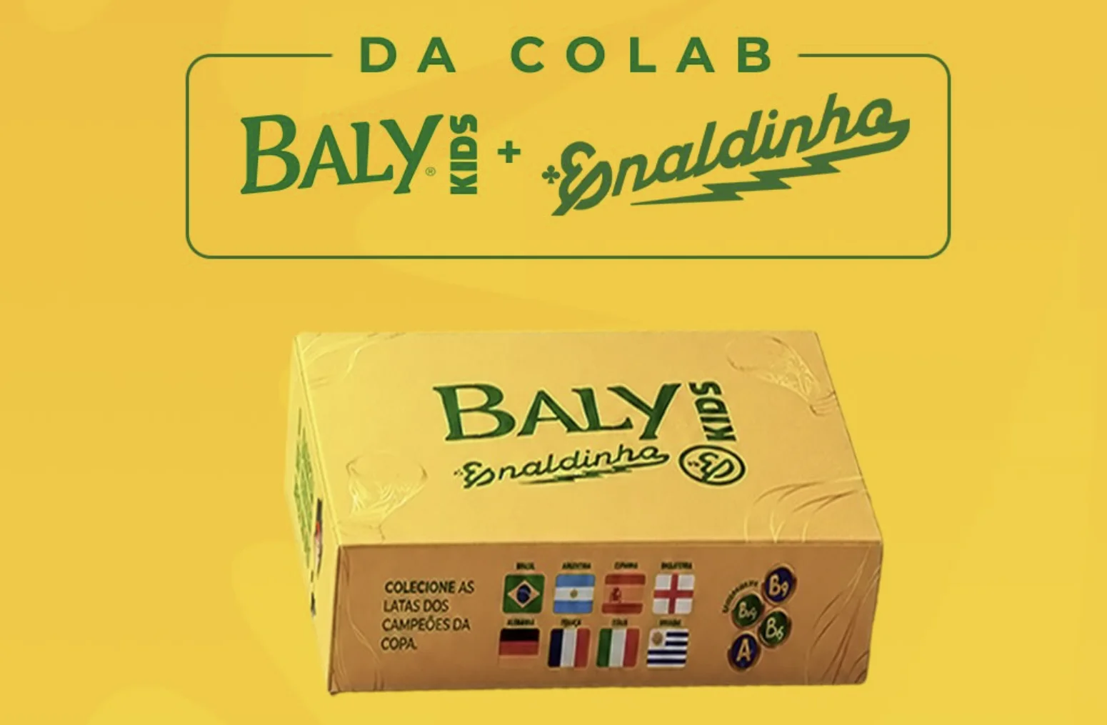 Caixa dourada da collab Baly Kids com Enaldinho aparece em campanha temática inspirada na Copa do Mundo.