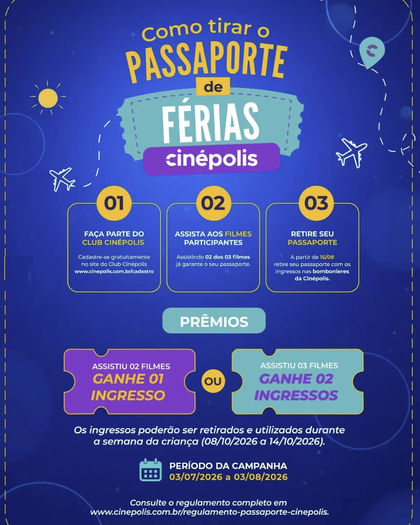 Infográfico promocional da Cinépolis intitulado "Como tirar o Passaporte de Férias Cinépolis". O fundo é azul escuro com ilustrações de aviões, sol e um mapa pontilhado. O texto detalha um passo a passo em três etapas, as regras de prêmios de ingressos, datas da campanha e o site regulamento.
