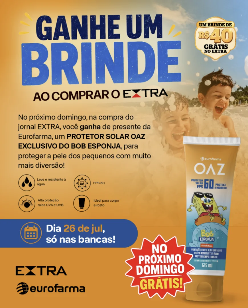 Banner da promoção do Jornal EXTRA e Eurofarma oferecendo protetor solar OAZ Bob Esponja como brinde na compra do jornal.