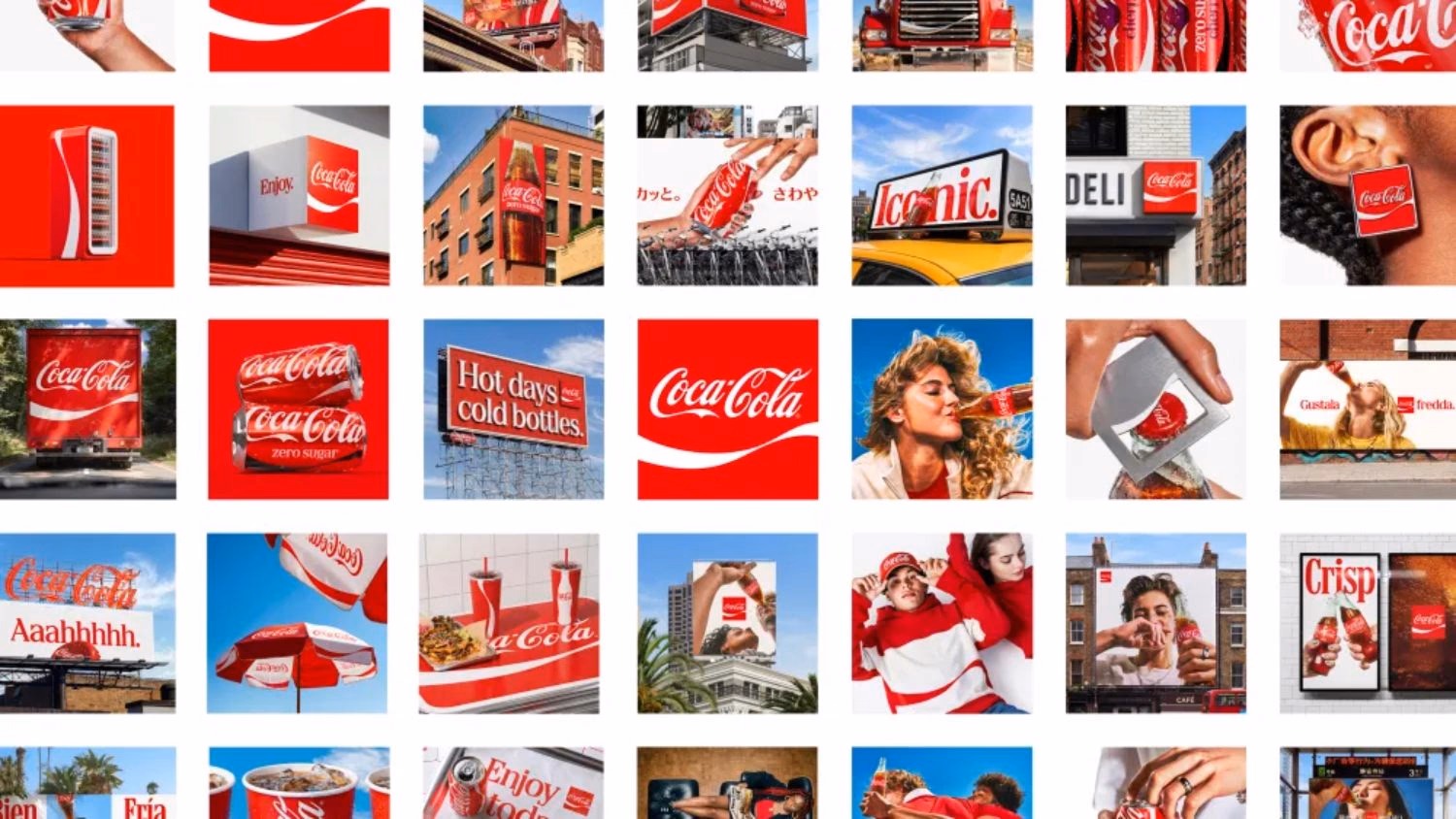 Nova identidade visual da Coca-Cola reúne outdoors, embalagens e peças publicitárias em diferentes aplicações da marca.