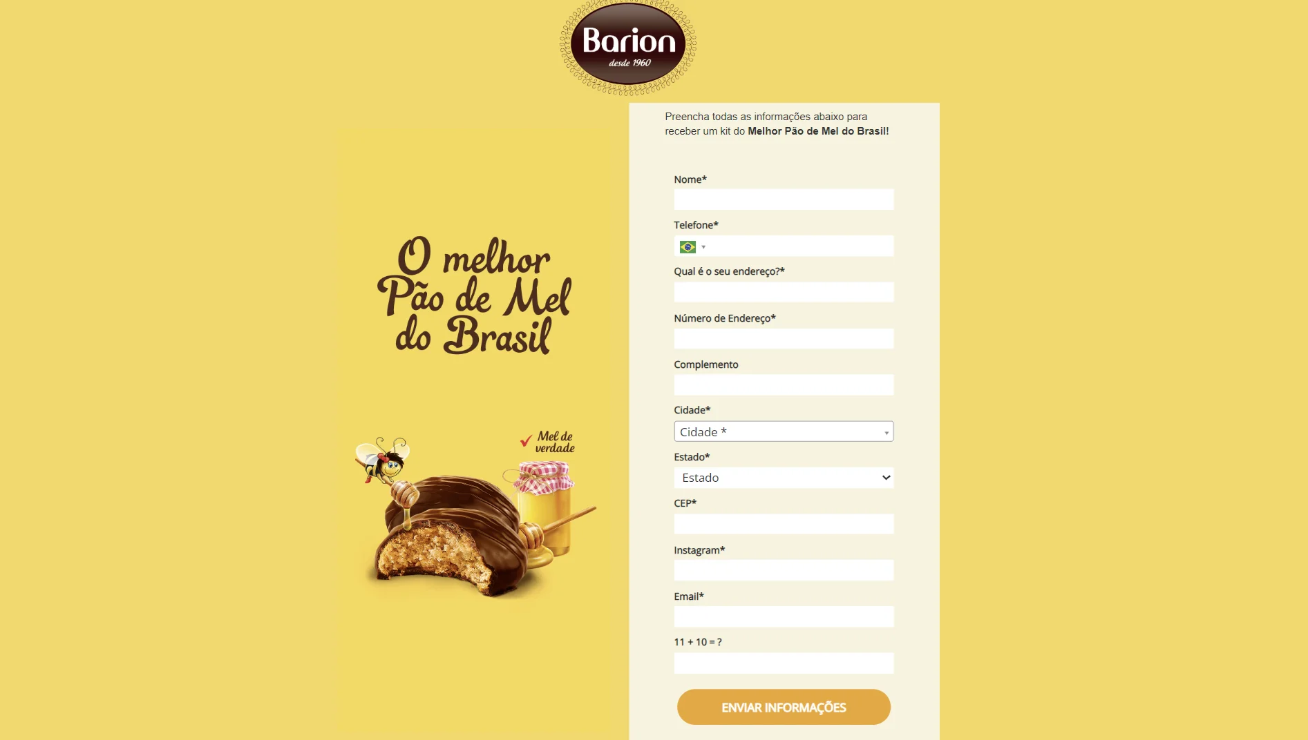 Página de cadastro da Barion oferece formulário para consumidores receberem kit gratuito de pão de mel.