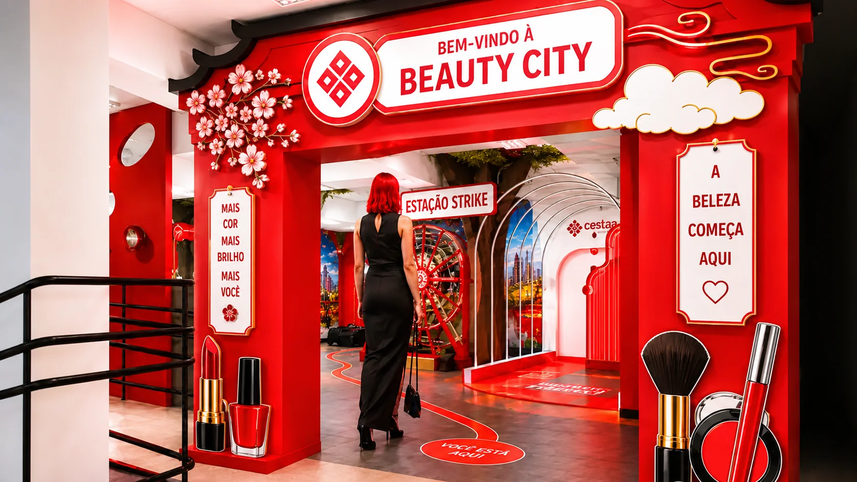 Entrada da Beauty City da Ikesaki na Liberdade, em São Paulo, com decoração temática, elementos de maquiagem e espaço para experiências de beleza.