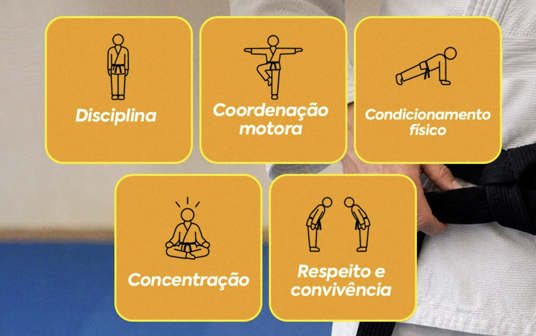 Ilustração destaca benefícios das aulas gratuitas de lutas da Prefeitura de São Paulo, como disciplina, coordenação motora, condicionamento físico, concentração e respeito.