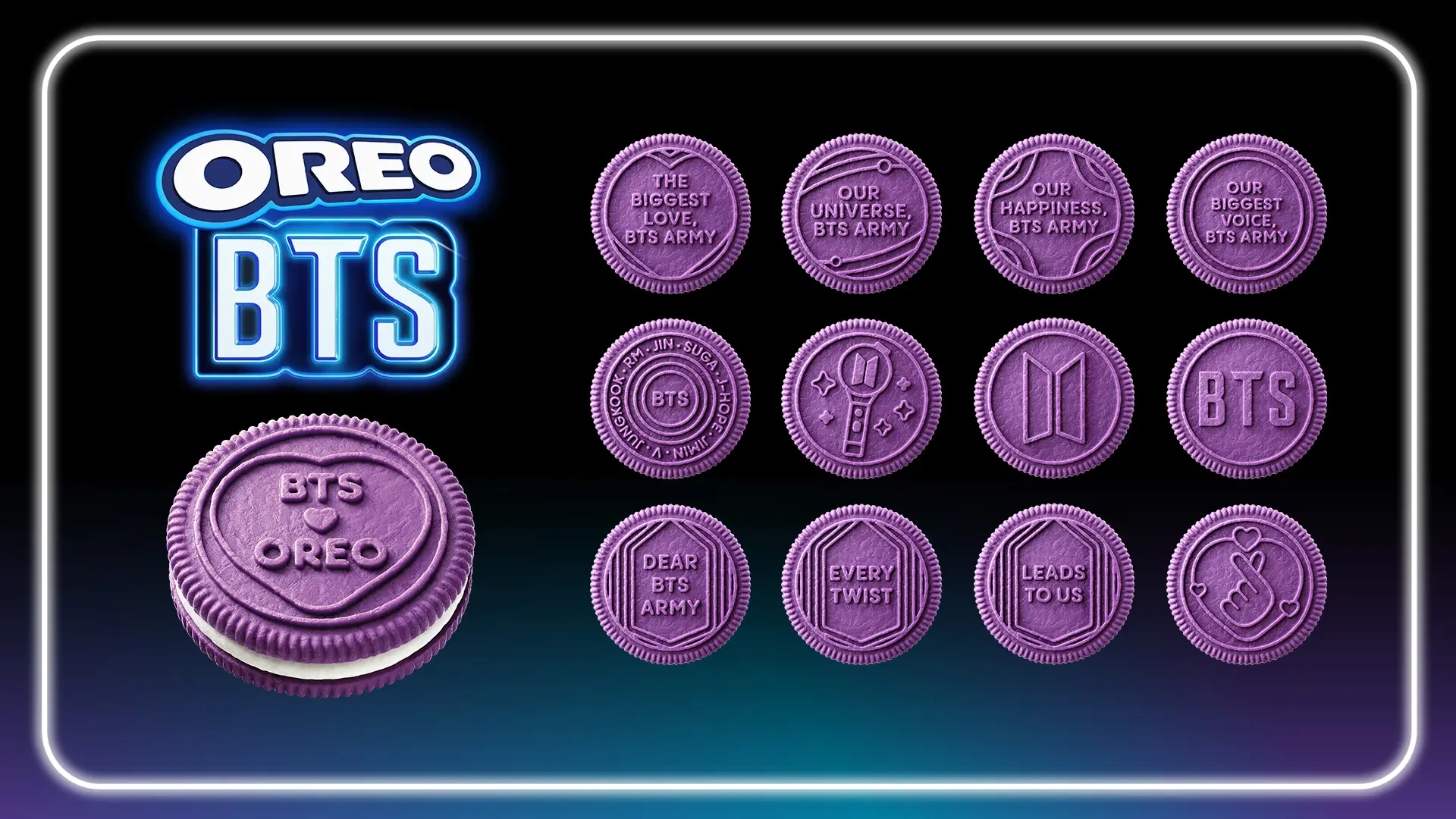 Biscoitos roxos da edição Oreo BTS exibem símbolos, frases e referências ao fandom do grupo sul-coreano.