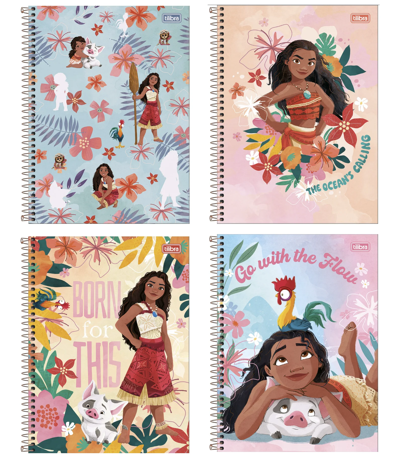 Quatro modelos de cadernos universitários da coleção Moana da Tilibra com capas ilustradas.