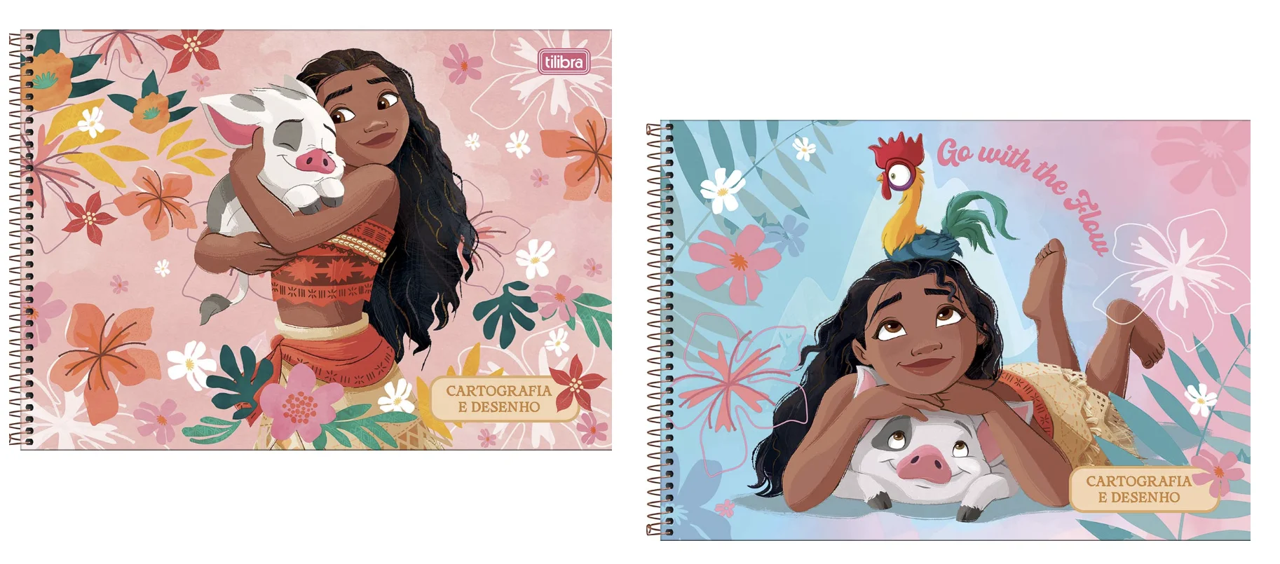 Cadernos de Cartografia e Desenho da Tilibra com ilustrações da personagem Moana.