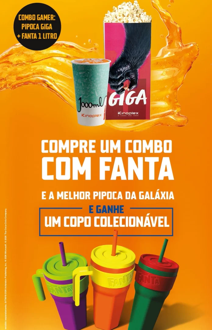 Arte promocional do Kinoplex mostra combo com pipoca gigante, Fanta de 1 litro e copos colecionáveis coloridos inspirados em campanha de cinema.