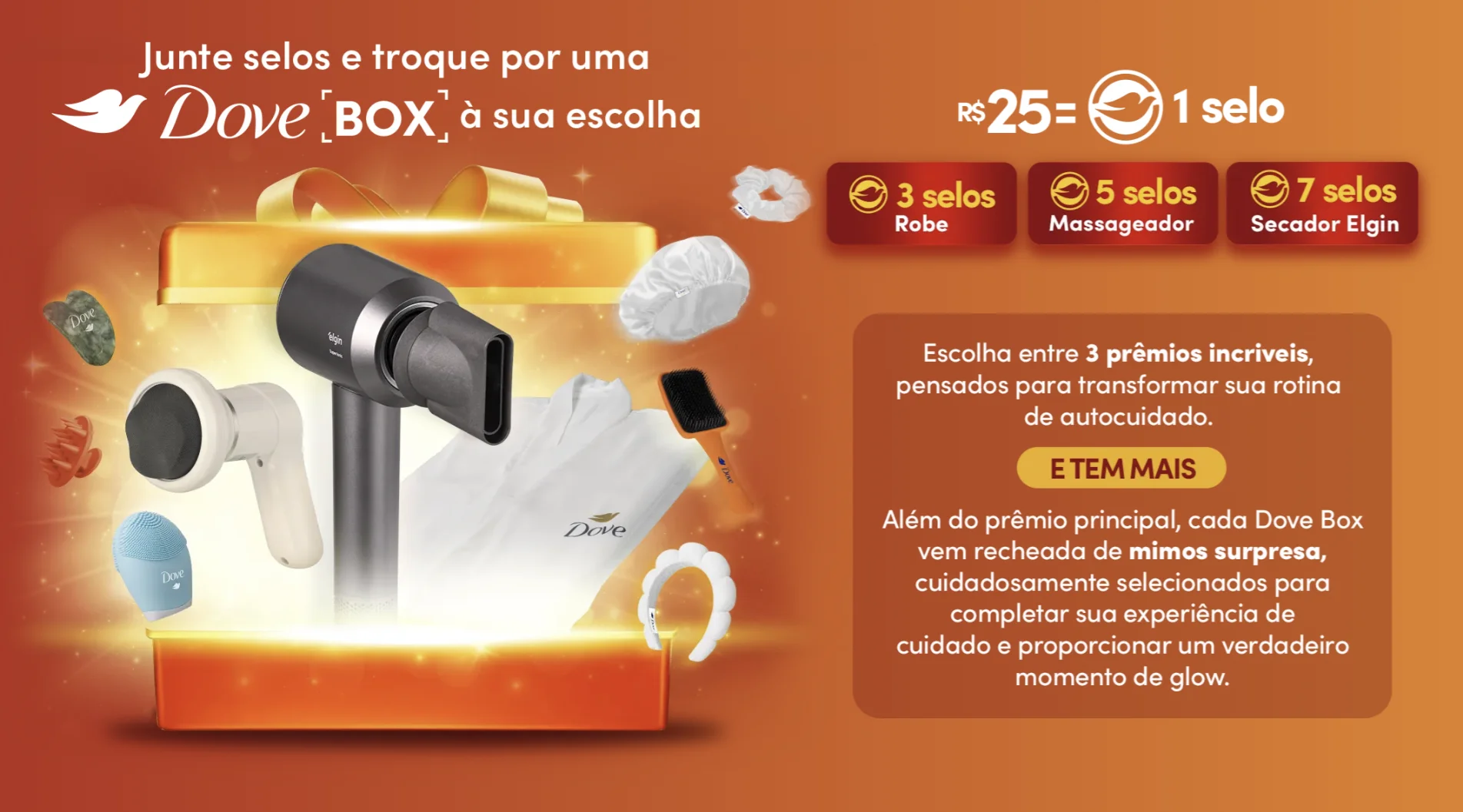 Banner da campanha Dove mostrando Dove Box com secador Elgin, massageador, robe e brindes disponíveis na promoção Junte e Troque.
