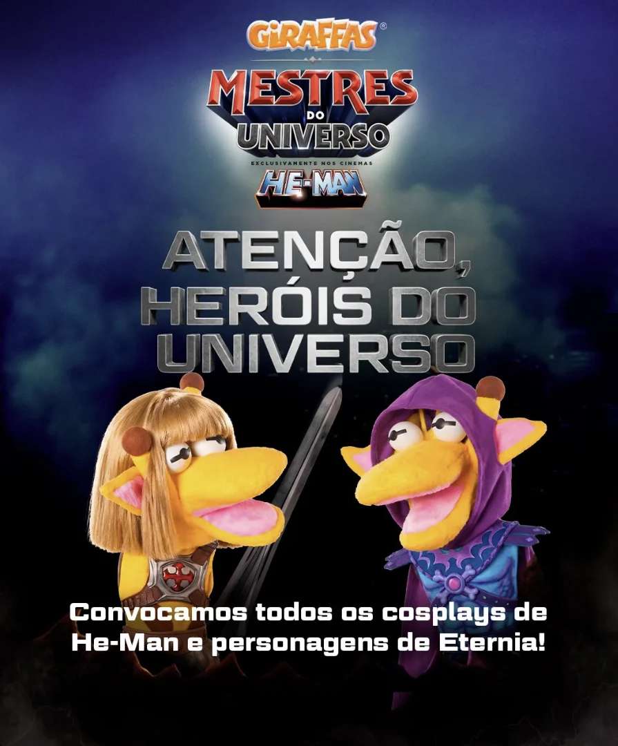 ersonagens do Giraffas fantasiados de He-Man aparecem em campanha inspirada em Mestres do Universo com fundo escuro e chamada para desafio nas redes sociais.