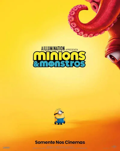 Cartaz do filme “Minions & Monstros” mostra personagem pequeno diante de tentáculo gigante em fundo amarelo.