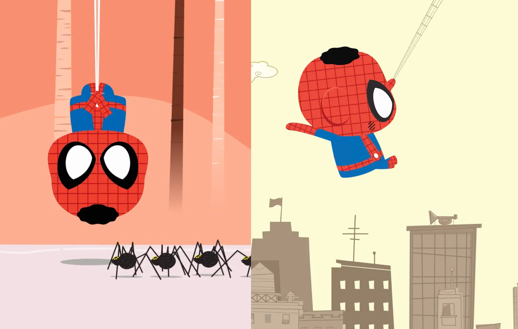 Sequência da animação Mônica Toy mostra Cascão como Homem-Aranha sendo picado por aranhas e depois balançando por uma cidade usando teias.