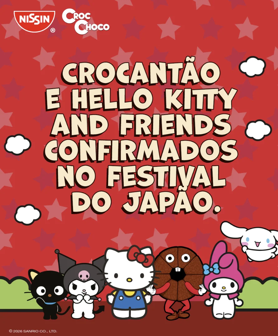 Personagens da Hello Kitty and Friends e o mascote Crocantão aparecem juntos em arte oficial anunciando participação no Festival do Japão 2026.