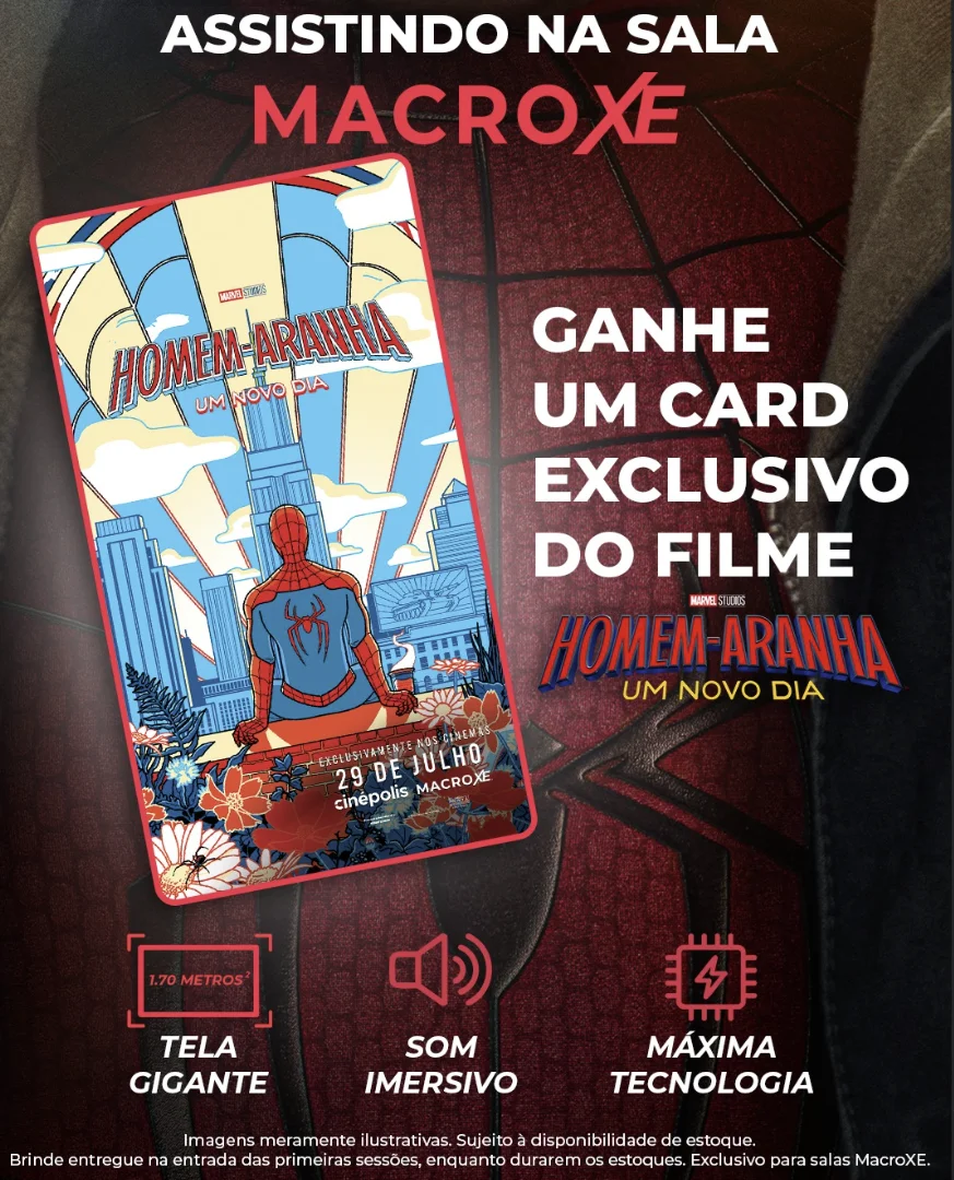 Banner da Cinépolis anuncia card exclusivo de Homem-Aranha: Um Novo Dia para sessões em salas Macro XE.