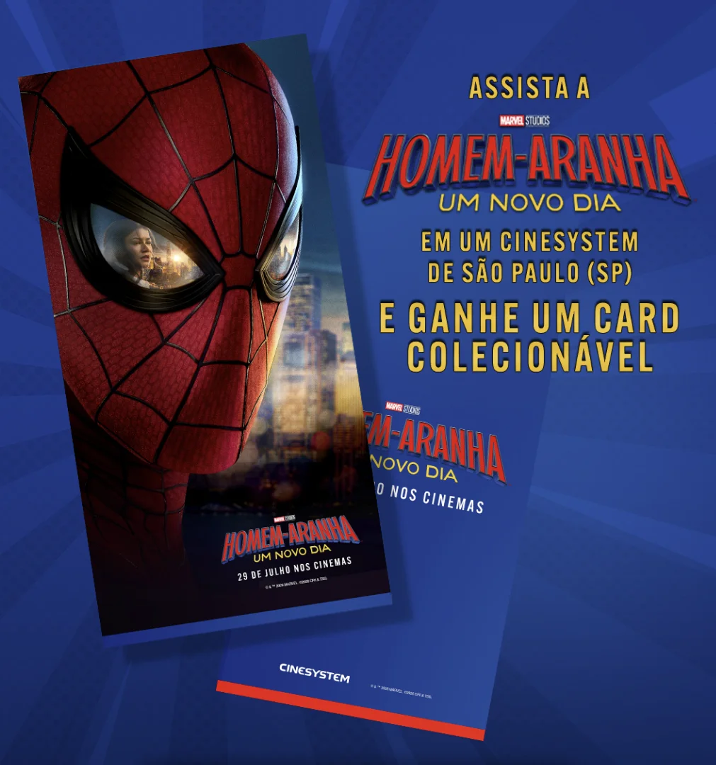 Card promocional de Homem-Aranha: Um Novo Dia divulgado pela Cinesystem para sessões participantes em São Paulo.