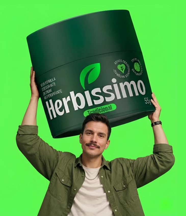 Homem segura uma embalagem gigante do desodorante Herbíssimo Tradicional sobre a cabeça, em fundo verde.