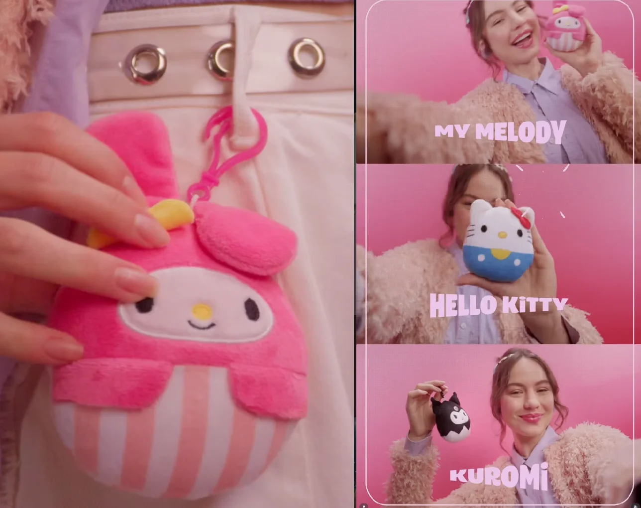 Montagem mostra as pelúcias da Hello Kitty, My Melody e Kuromi sendo usadas como chaveiros e acessórios.
