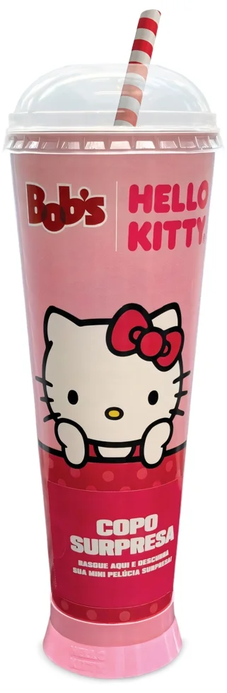 Copo surpresa da Hello Kitty no Bob's ao lado de um Milk Shake e mini pelúcia colecionável sobre fundo rosa.
