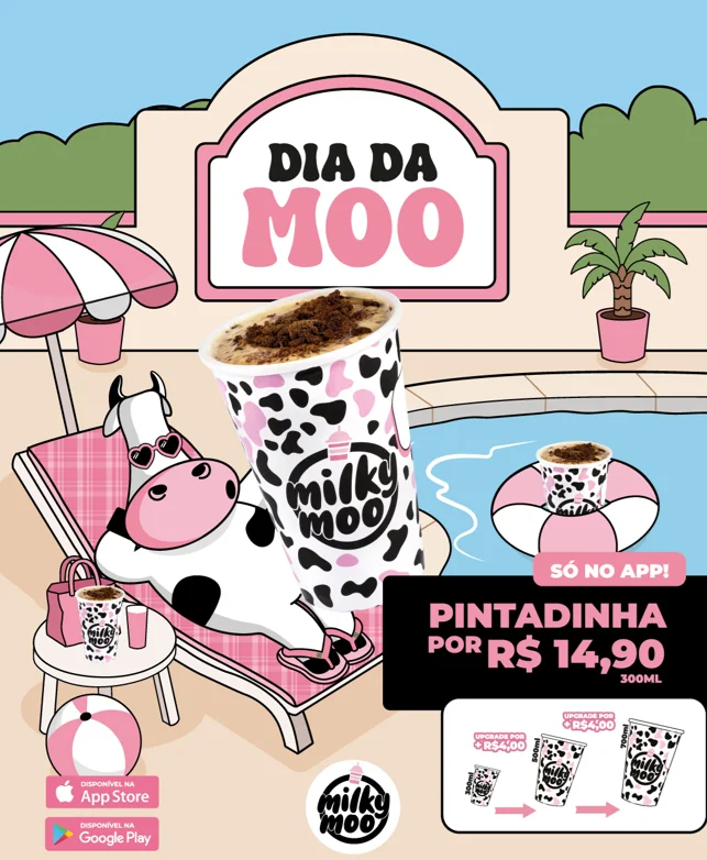 Ilustração da campanha Dia da Moo com mascote da Milky Moo relaxando à beira da piscina e milkshake Pintadinha em destaque.