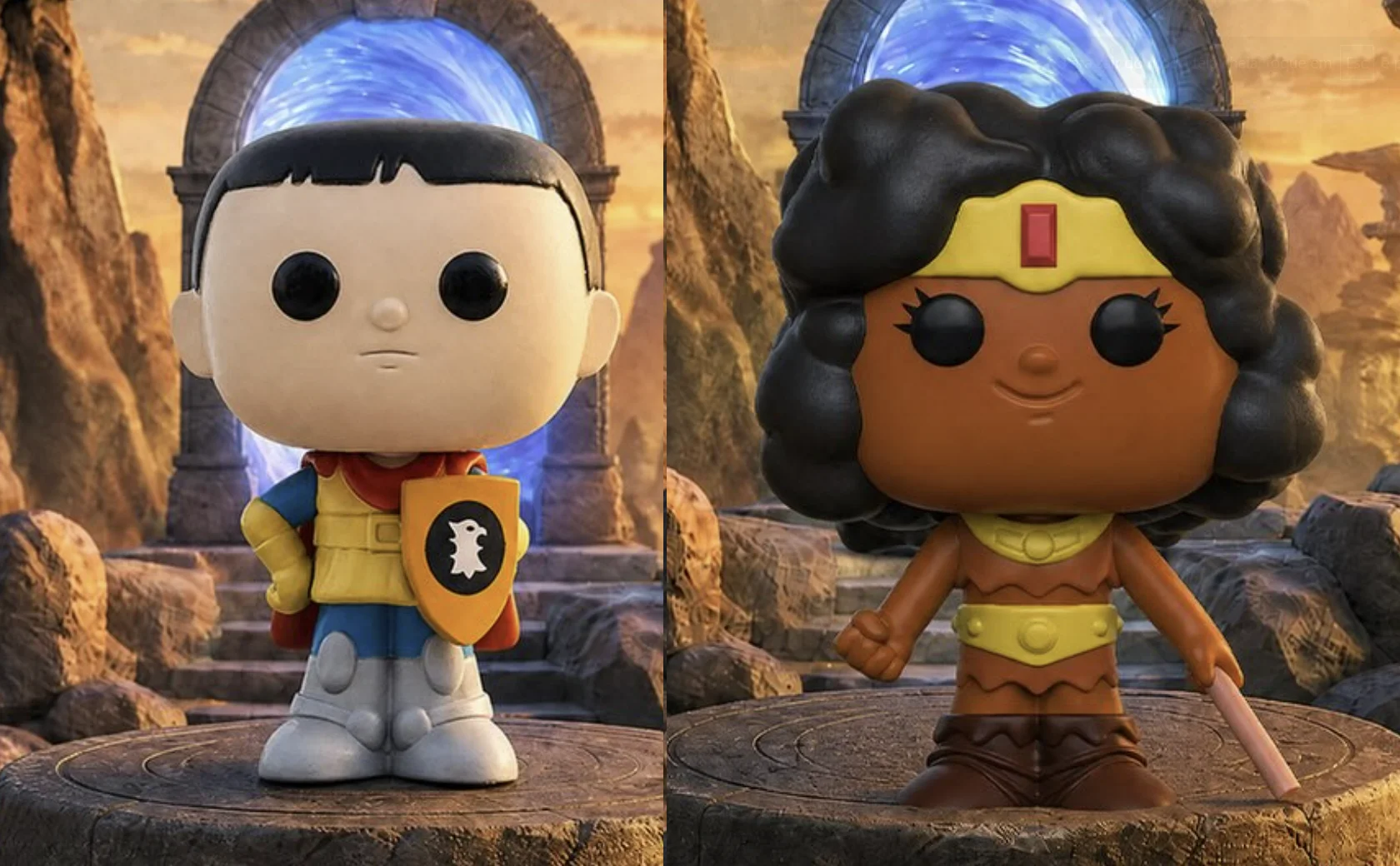 Miniaturas dos personagens Bobby e Diana da coleção Caverna do Dragão da Domino's em frente a um portal iluminado.