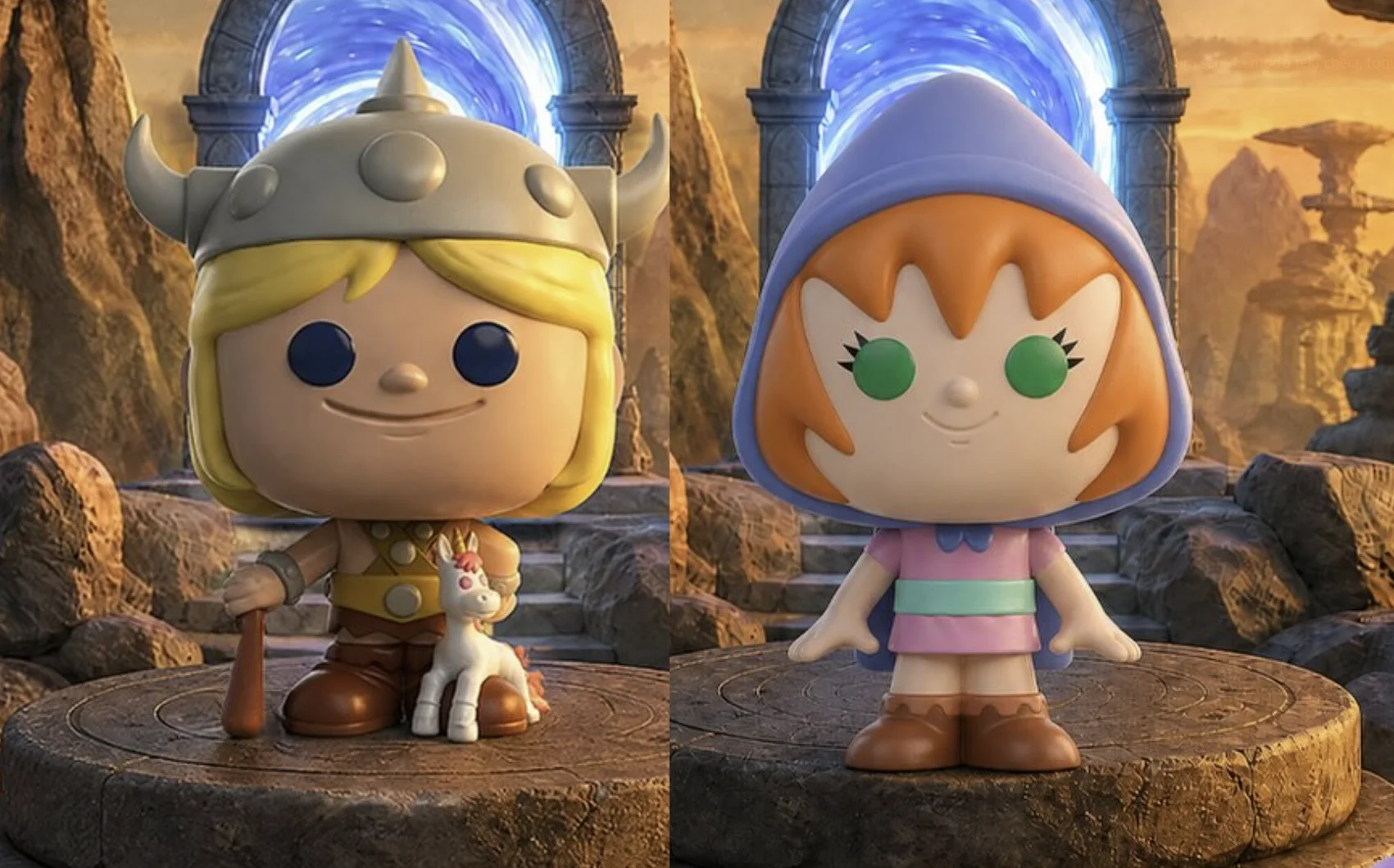Miniaturas de Eric e Sheila da coleção Caverna do Dragão da Domino's com cenário de fantasia ao fundo.
